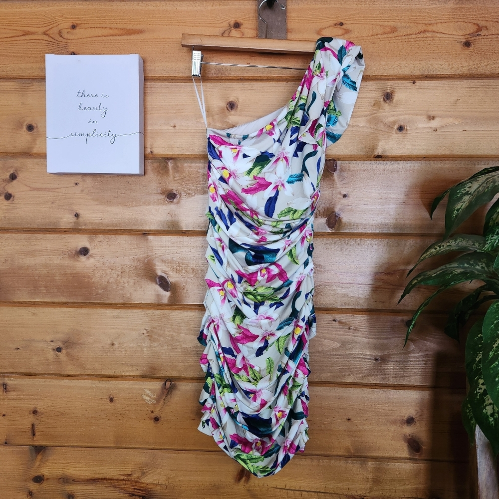 Express One Shoulder Bodycon Sheath Dress Floral Tropical Pleated Stretch Size 2